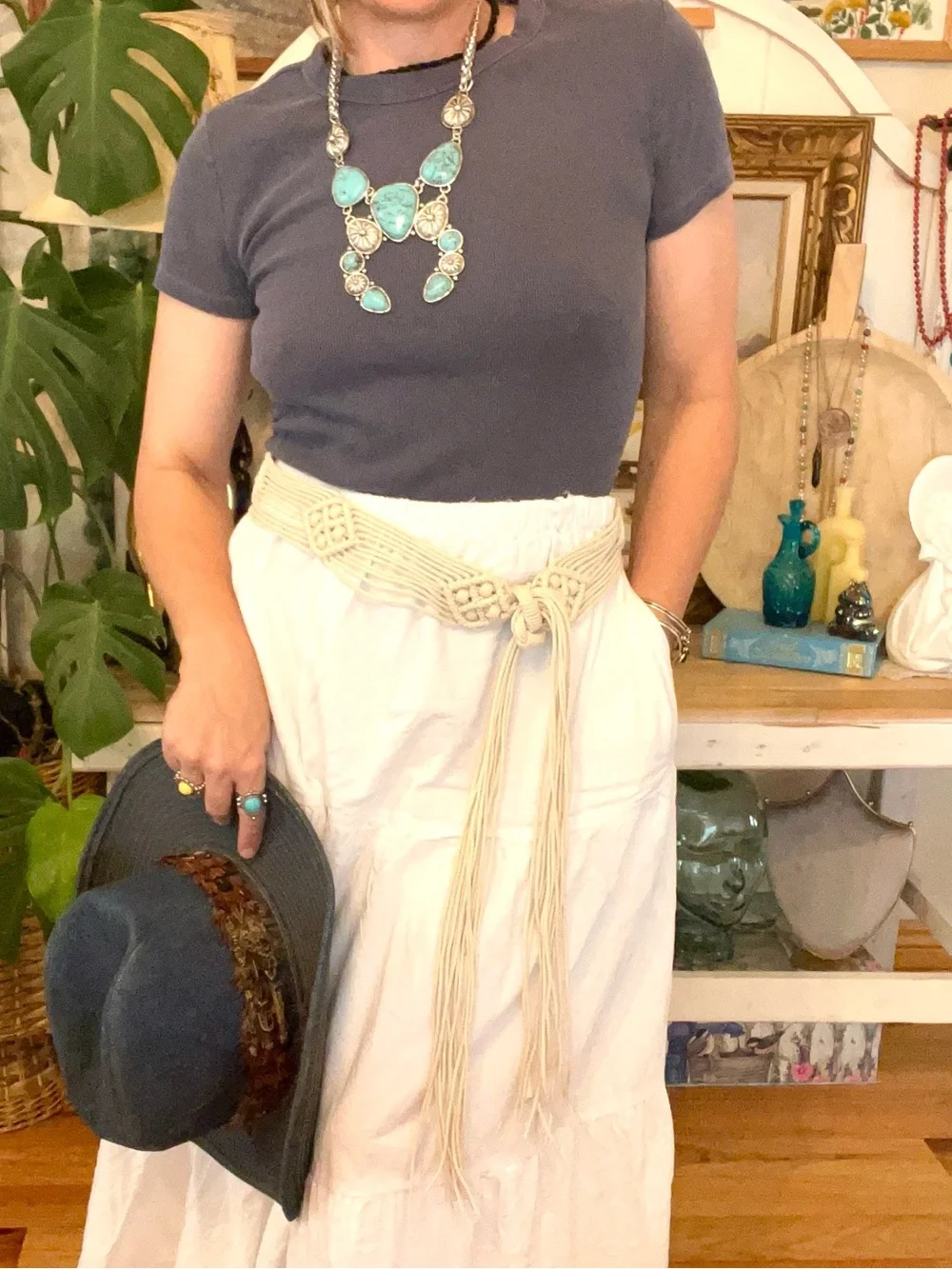 Vintage Handmade Macreme Woven Fringe Belt With Beads Cottagecore Boho Festival